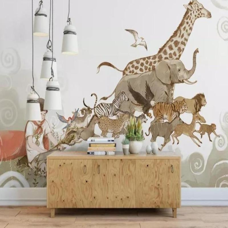 African Wildlife Mural creating a stunning backdrop in a modern playroom setting