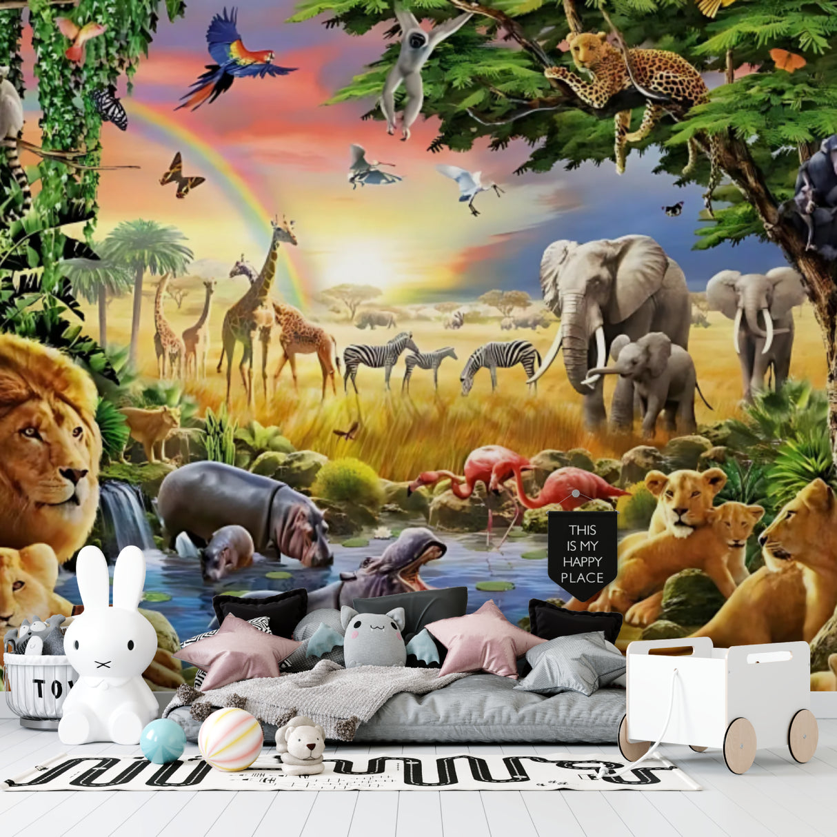 Safari Animals Wallpaper bringing African wildlife to life in a bright nursery with rainbow accents