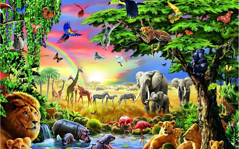 Safari Animals design file featuring detailed African wildlife under a rainbow sky
