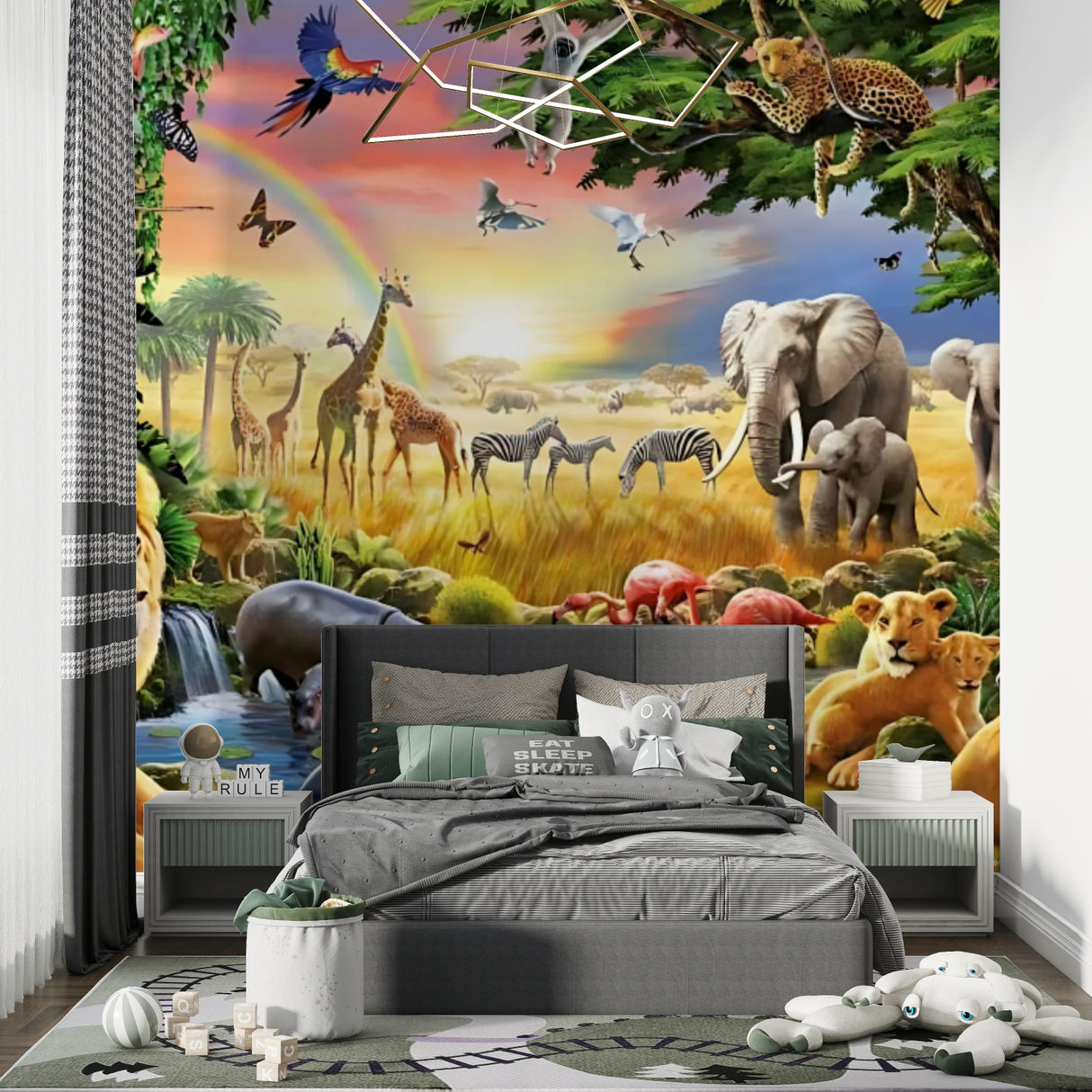 African Wildlife Mural transforming a kids bedroom with playful safari animals