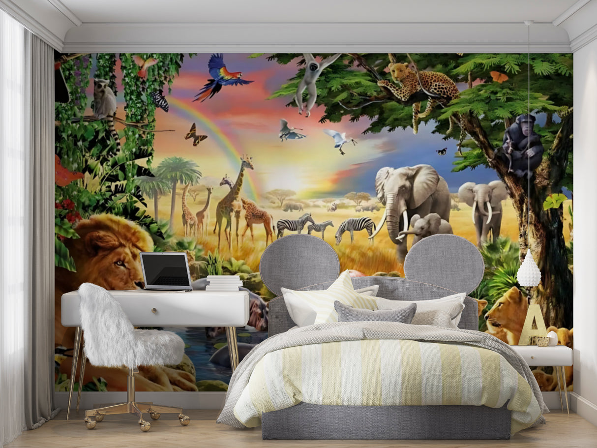 Safari Animals Wallpaper creating an educational corner in a modern playroom