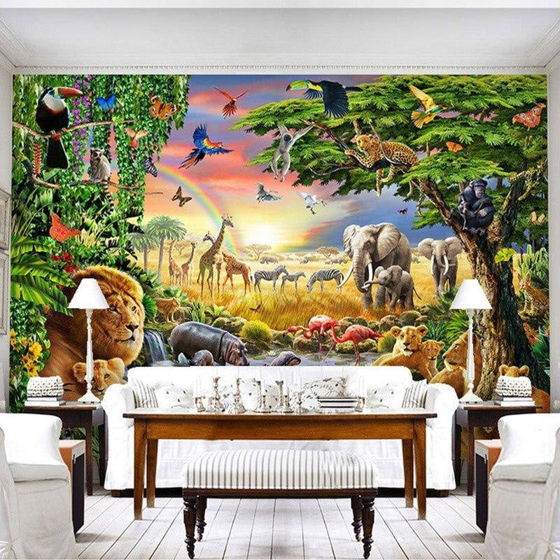 African Wildlife Mural adding color to a modern family room