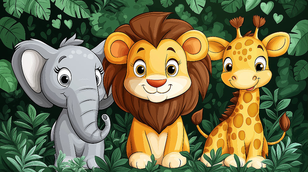 Safari Animals Wallpaper in bright kids bedroom, showing cartoon elephant and lion friends creating a fun learning space