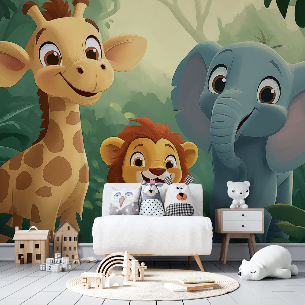 Safari Animals Wallpaper creating a cozy reading nook in a modern nursery with natural light and wooden furniture