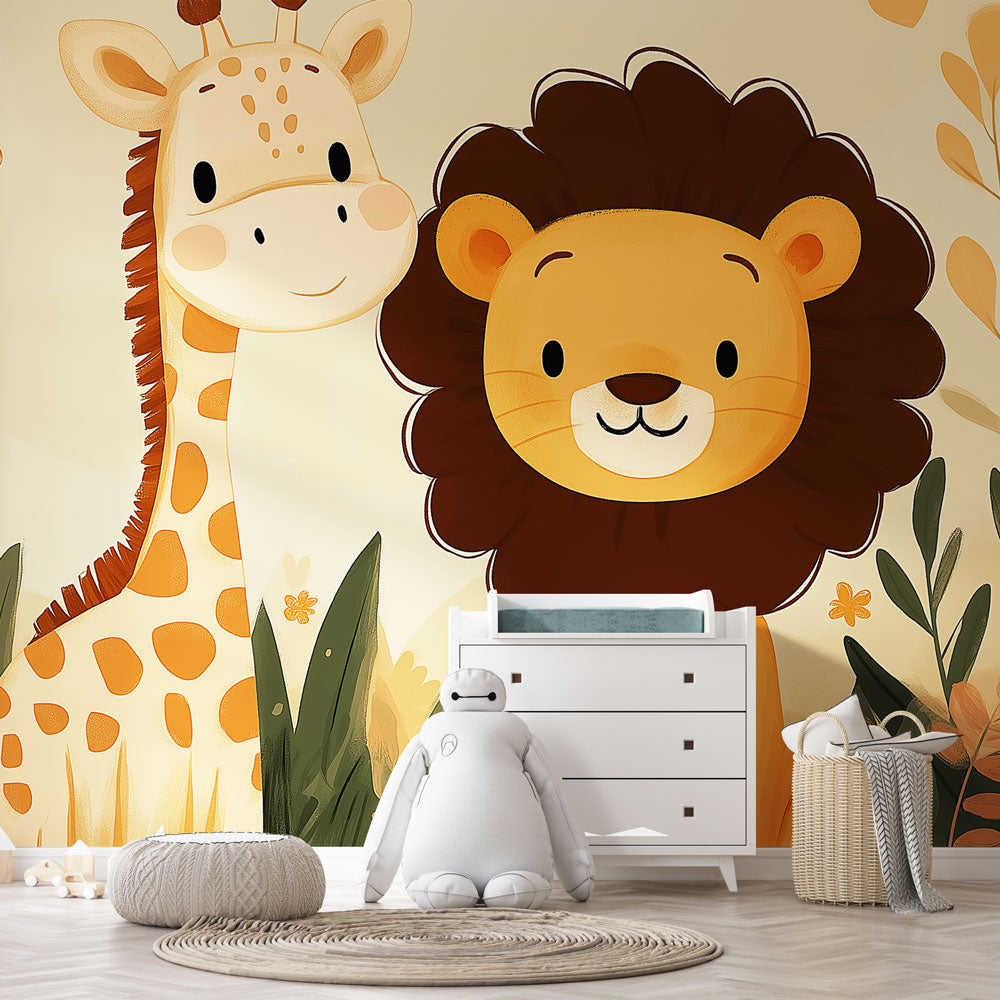 Safari Animals Wallpaper bringing warmth to a modern nursery, with gentle lion and giraffe characters creating a cozy atmosphere