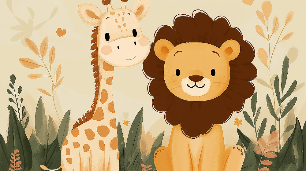 Safari Animals design file featuring sweet lion and giraffe characters with warm beige background and botanical elements