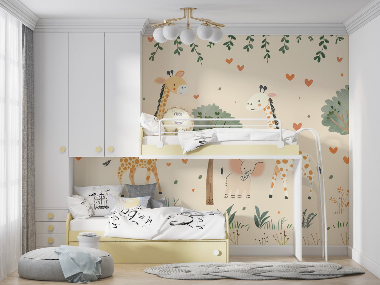 Safari Animals Wallpaper in bright nursery with white furniture showing sweet giraffes and hearts