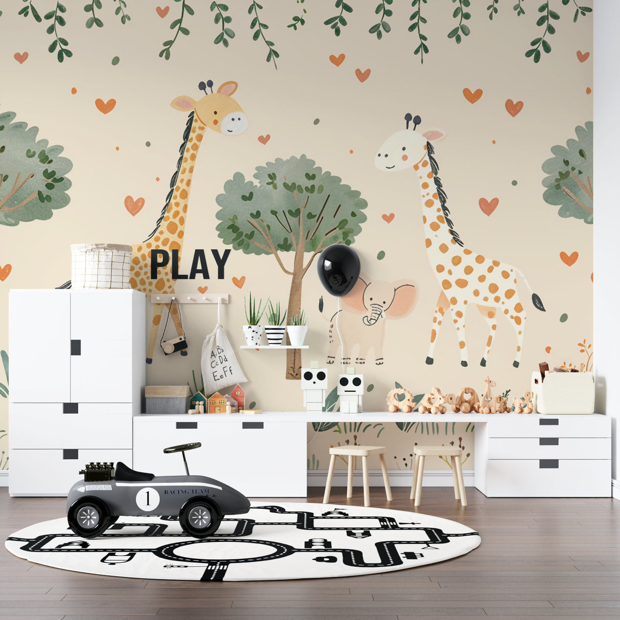 Kids bedroom with Safari Animals Wallpaper featuring playful giraffes and orange hearts