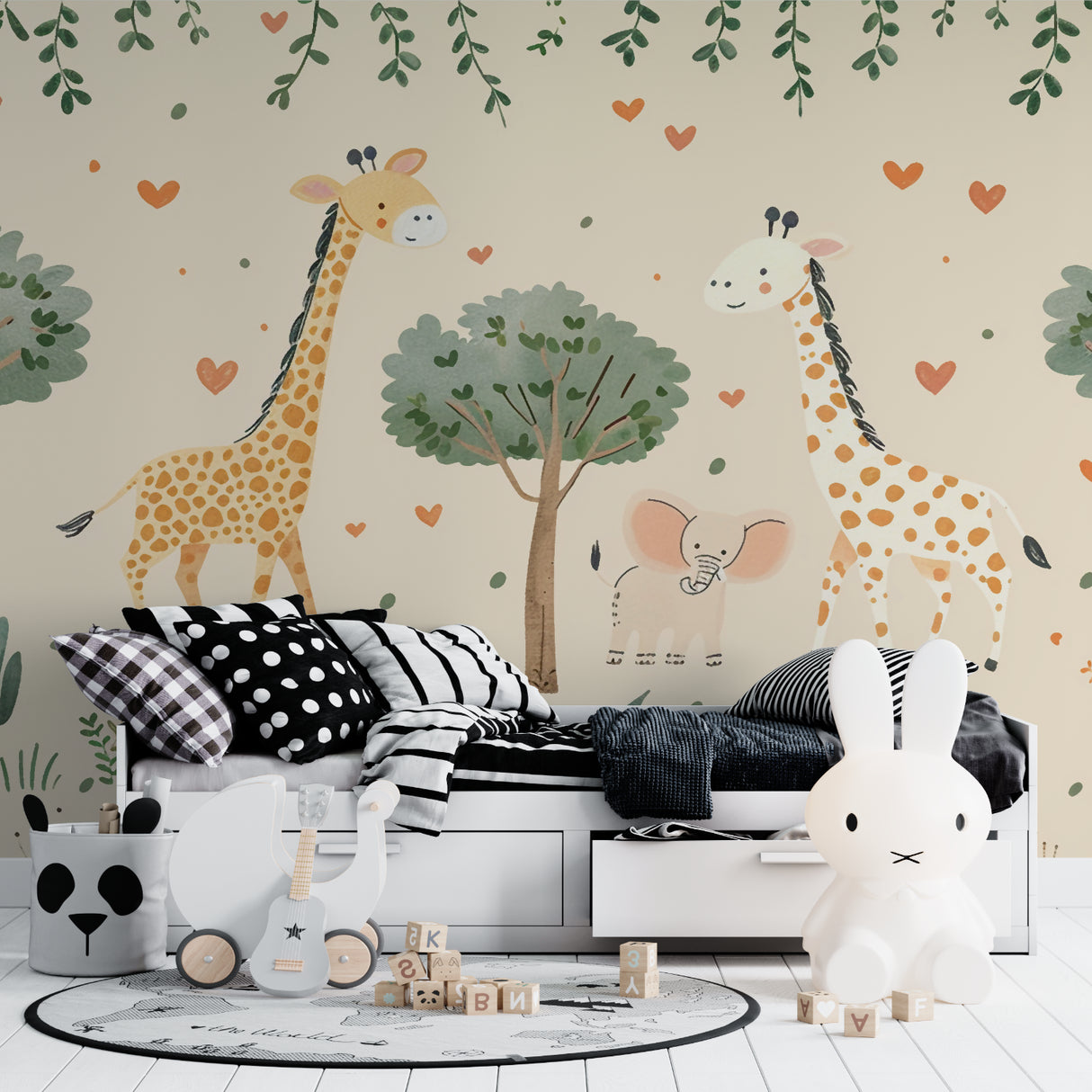 Playroom decorated with Safari Animals Wallpaper showing gentle giraffes and foliage