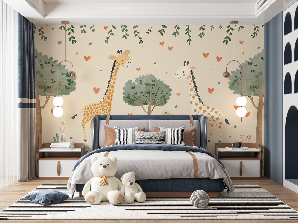 Baby room with Safari Animals Wallpaper displaying cute giraffes and heart motifs