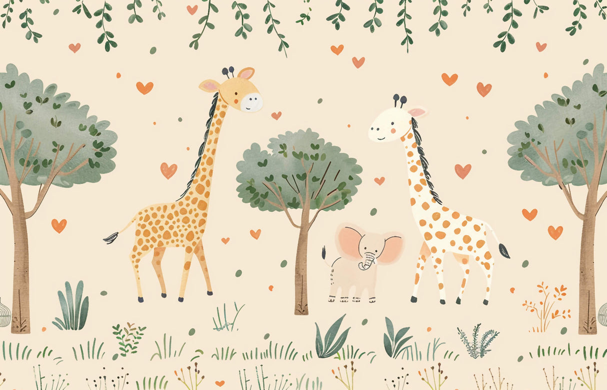 Safari Animals Wallpaper design file showing full pattern of giraffes, hearts, and foliage
