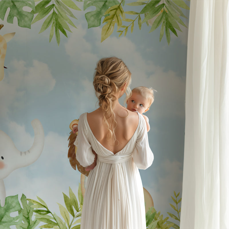 Safari Animals Wallpaper in bright nursery with white furniture showing playful jungle friends
