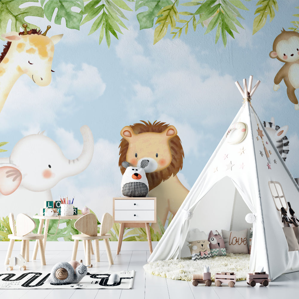 Baby room with Safari Animals Mural displaying gentle zebra and clouds
