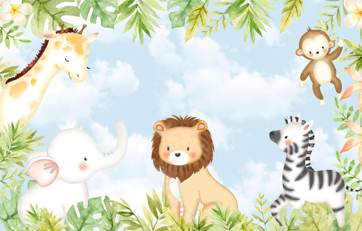 Safari Animals design file showing complete pattern with all cute jungle animals and cloud details