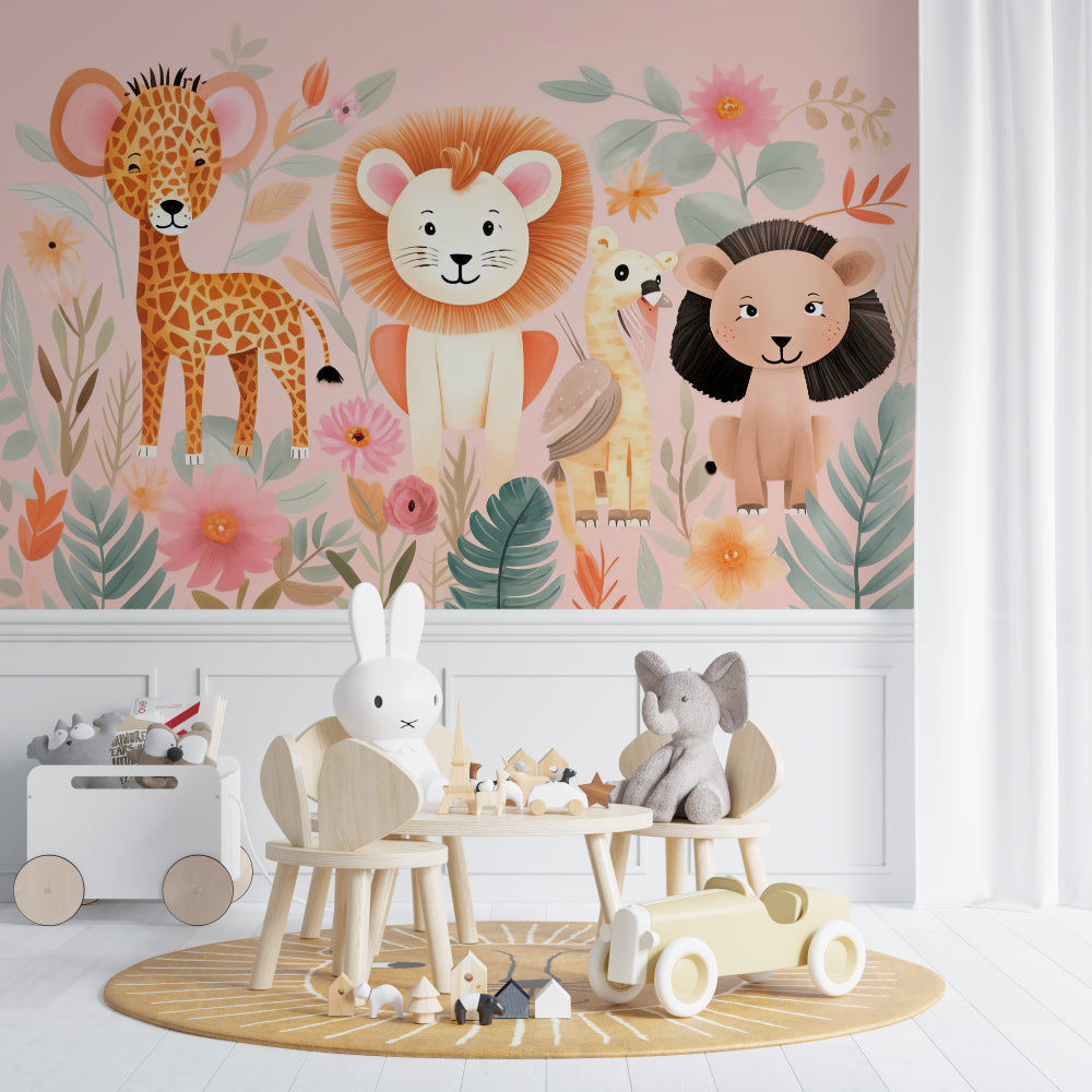 Pink Safari Animals Wallpaper in bright nursery with white furniture and soft textiles