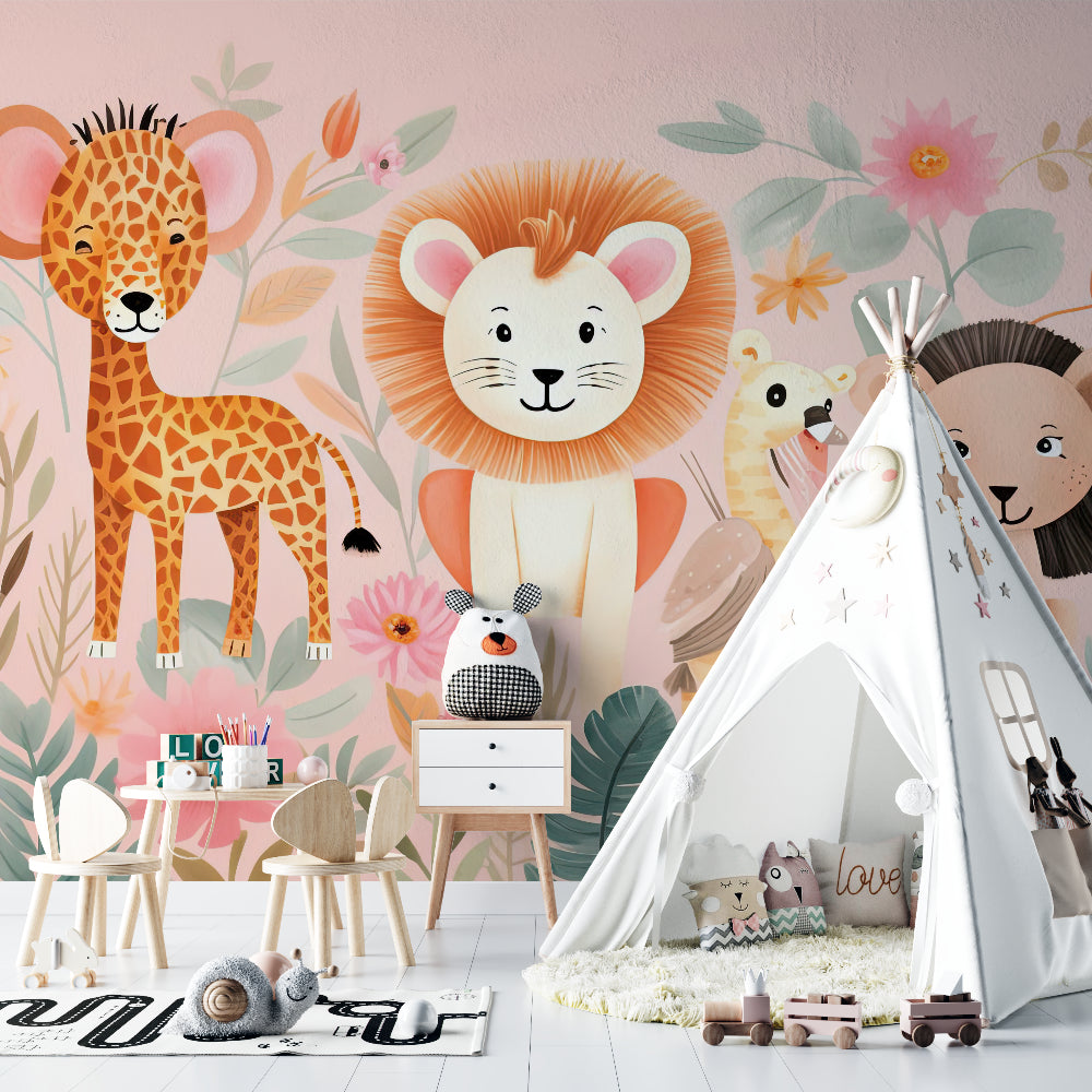 Safari Animals Mural in toddler bedroom with natural wood accents
