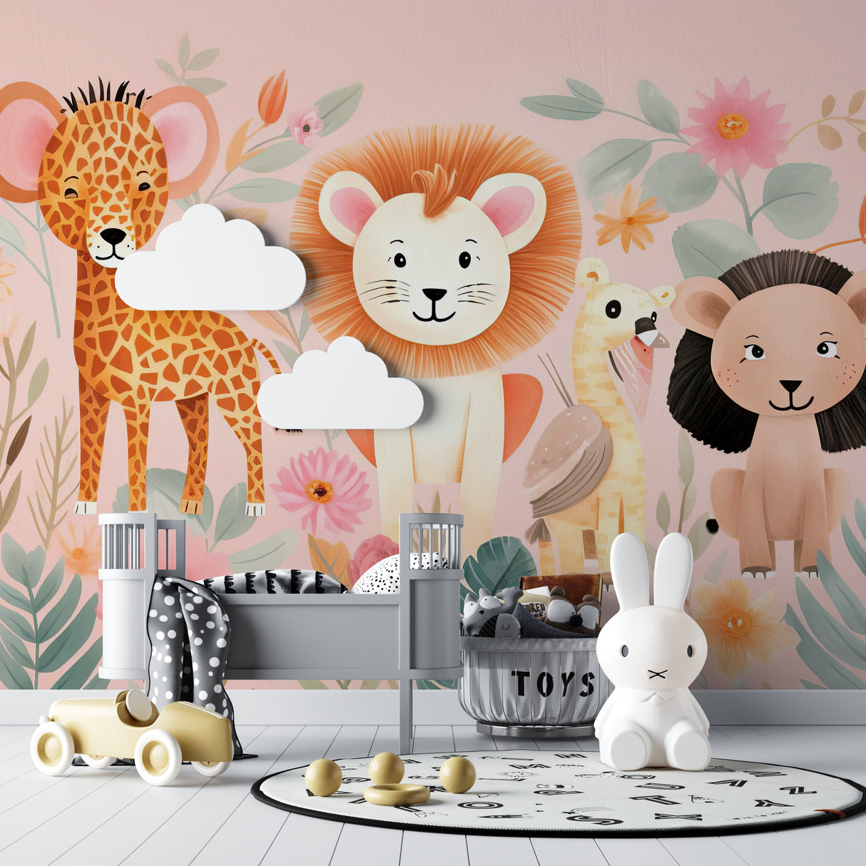 Safari Theme Mural in modern nursery with minimal decor