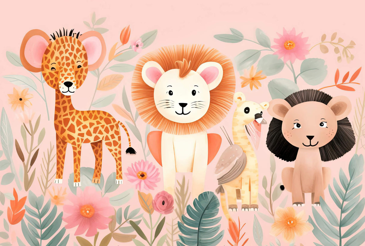 Safari Animals Wallpaper design file showing full pattern with pink background and cute jungle creatures
