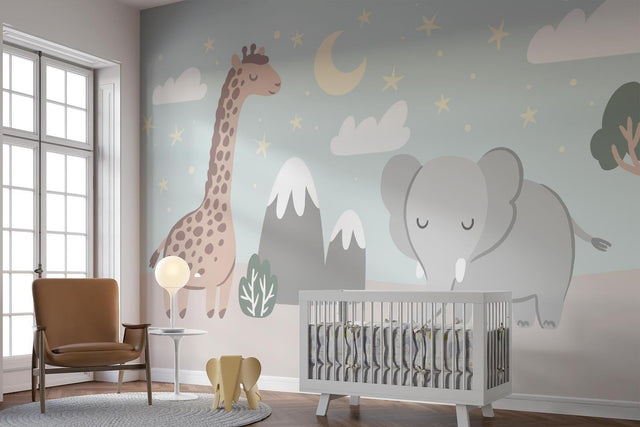Safari Animals Wallpaper in cozy nursery with soft lighting and wooden furniture