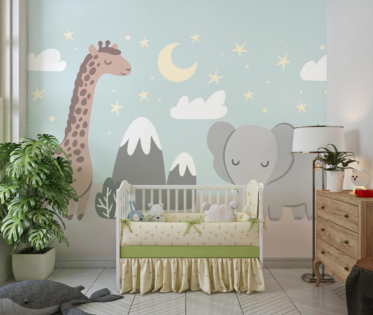 Modern nursery featuring Safari Animals Wallpaper with minimal decor