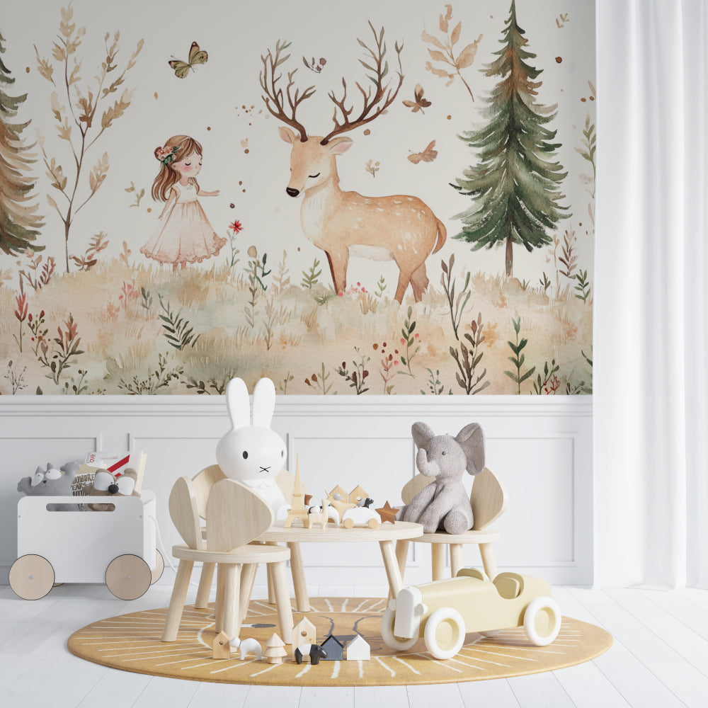 Safari Animals Wallpaper displayed in a bright nursery with pink accents and white furniture