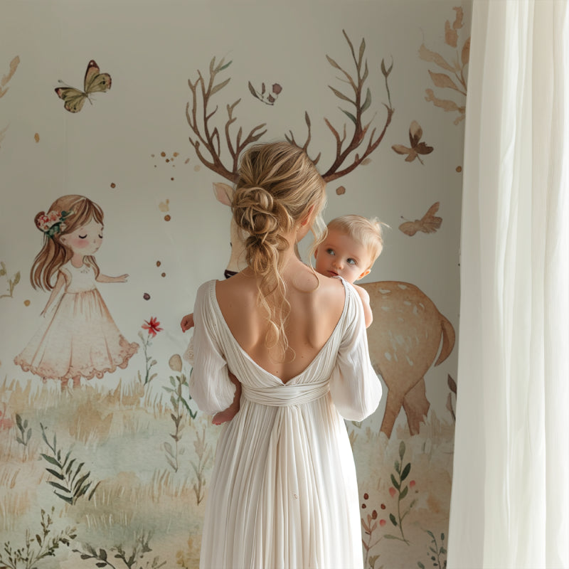 Pink Safari Wallpaper creating a focal wall in a modern children's bedroom