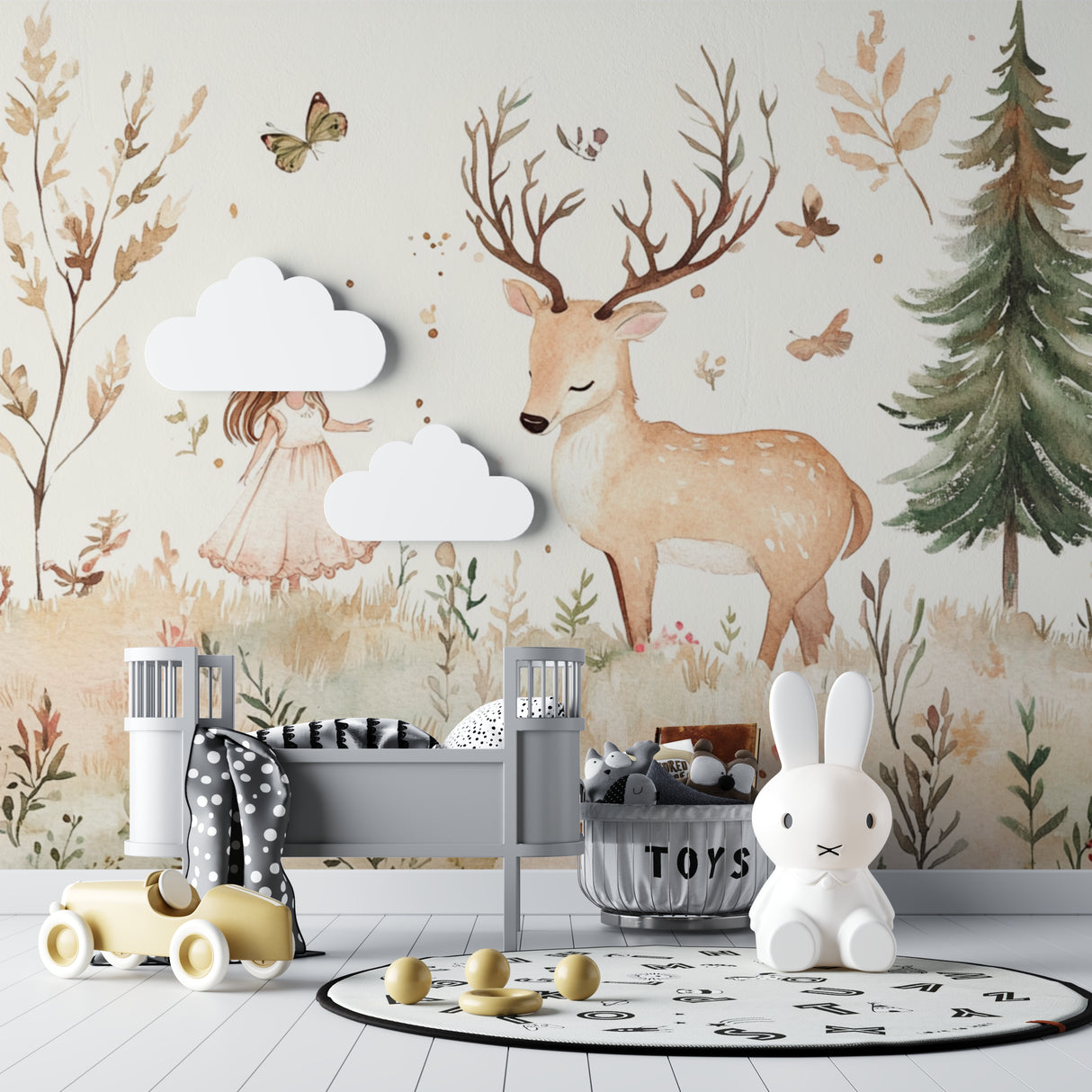 Safari themed wallpaper bringing life to a baby's room with wooden details