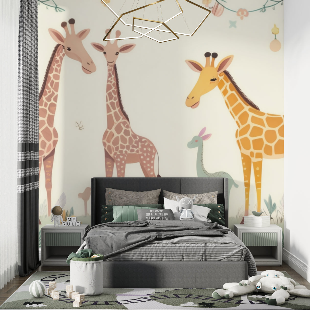 Safari giraffe wallpaper in a bright nursery with white furniture showing scale and peaceful atmosphere