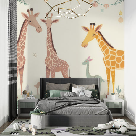 Safari giraffe wallpaper in a bright nursery with white furniture showing scale and peaceful atmosphere