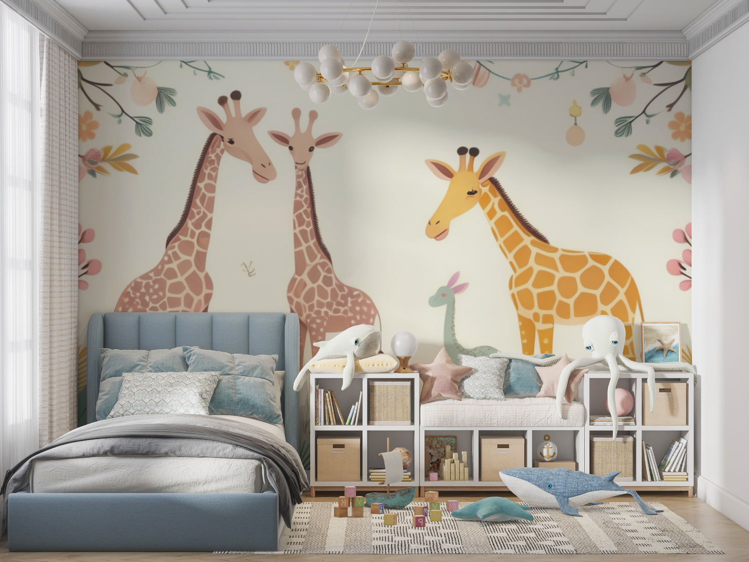 Giraffe wall mural in a playroom setting with natural lighting and wooden toys