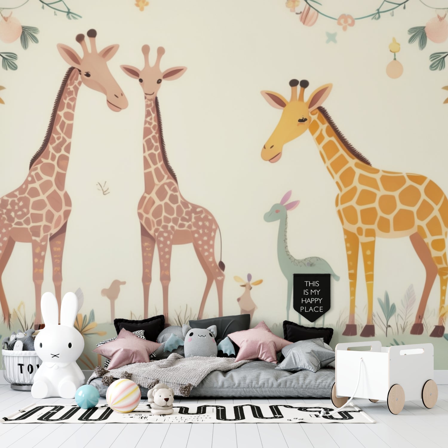 Safari themed wallpaper in a baby's room showing the soft color palette