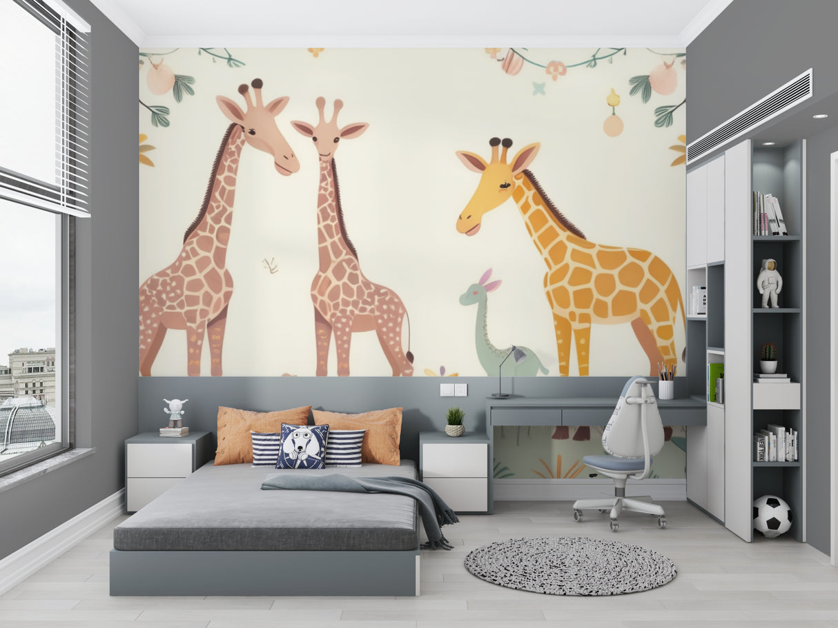 Giraffe nursery wallpaper styled with minimal Scandinavian furniture