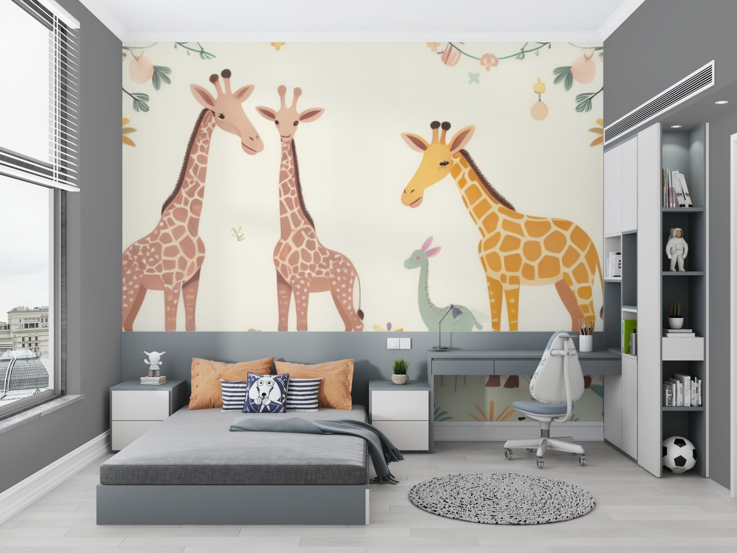 Giraffe nursery wallpaper styled with minimal Scandinavian furniture
