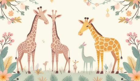 Safari giraffe wallpaper design file showing detailed floral pattern and gentle giraffe illustrations