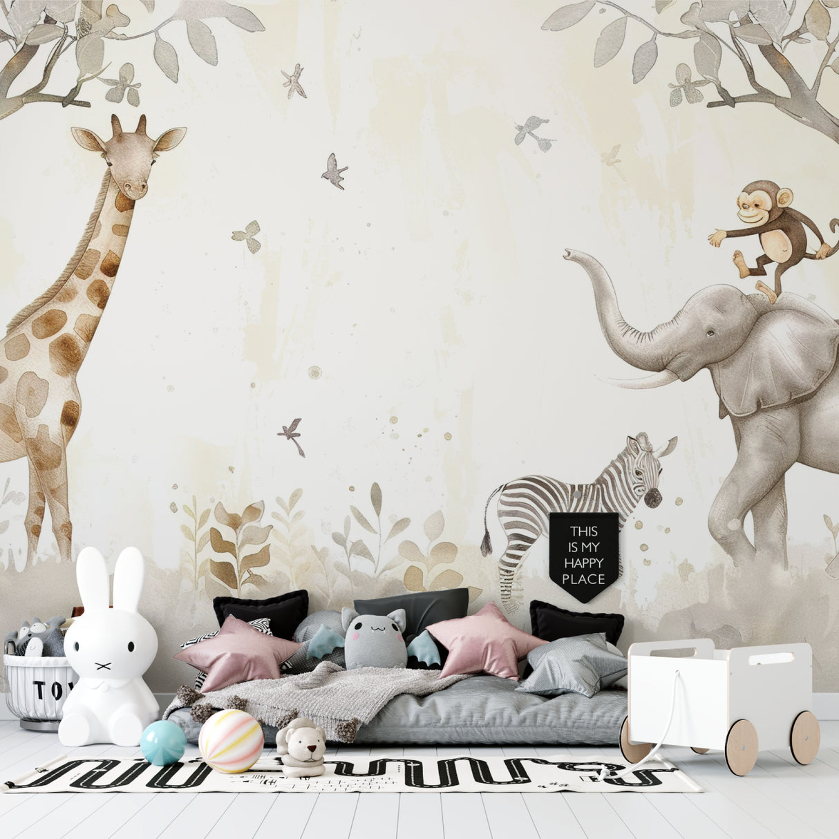 Wildlife Mural Wallpaper in toddler bedroom with neutral furniture