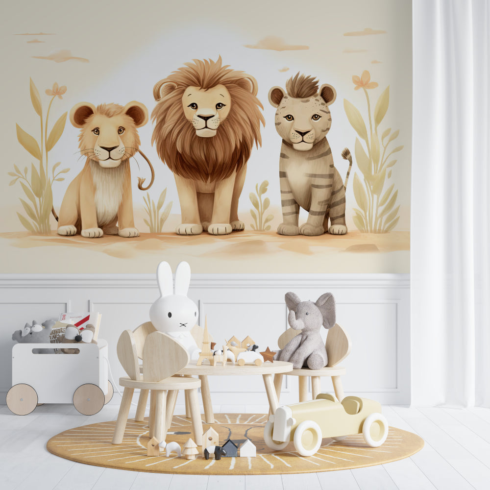 Lion and tiger mural wallpaper featured in a child's reading nook with soft lighting