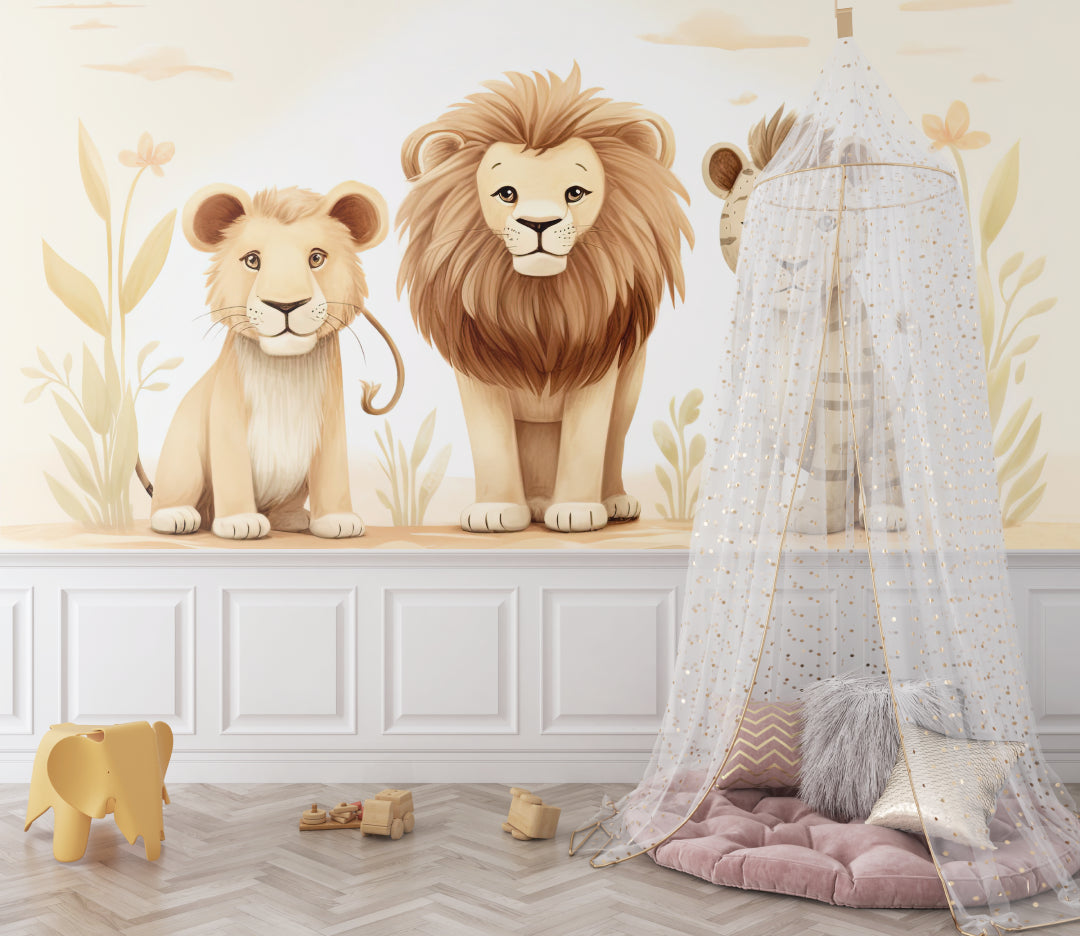 Beige safari animals wallpaper bringing warmth to a playroom setting