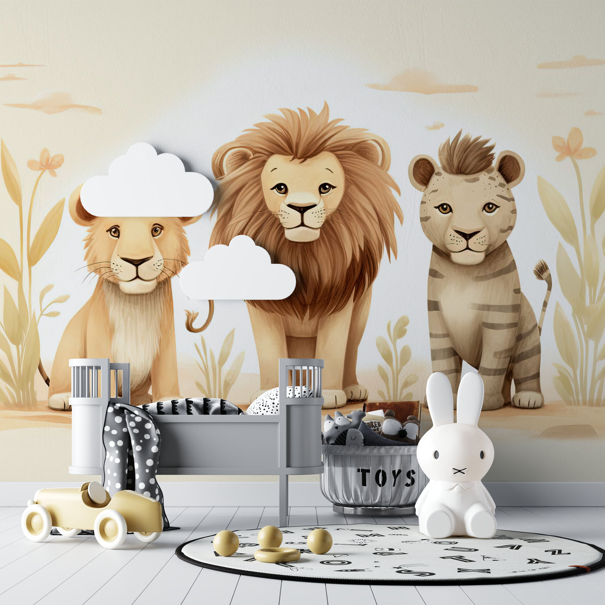 Neutral tone big cats wallpaper in a minimalist children's bedroom