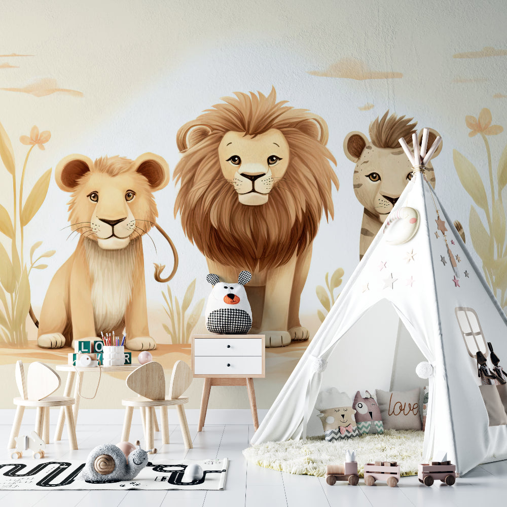 Safari mural creating a focal point in a baby's nursery with wooden furniture