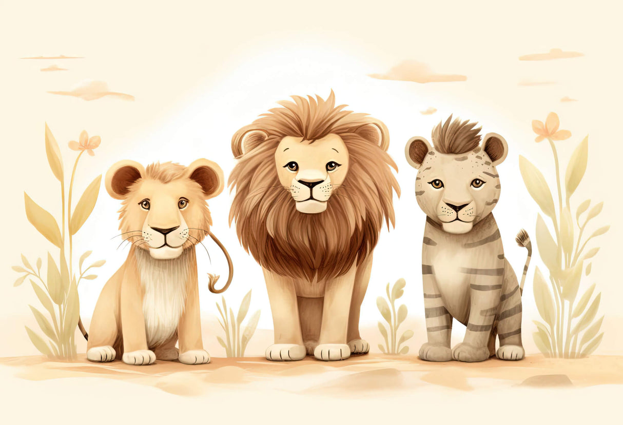 Design file showing detailed lion and tiger illustration in soft beige tones