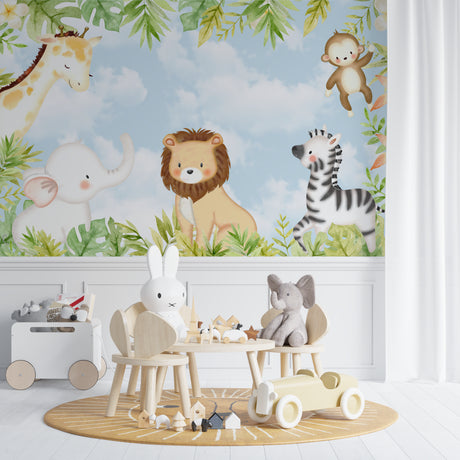 Safari Animals Mural Wallpaper creating a cheerful atmosphere in a modern nursery with white furniture