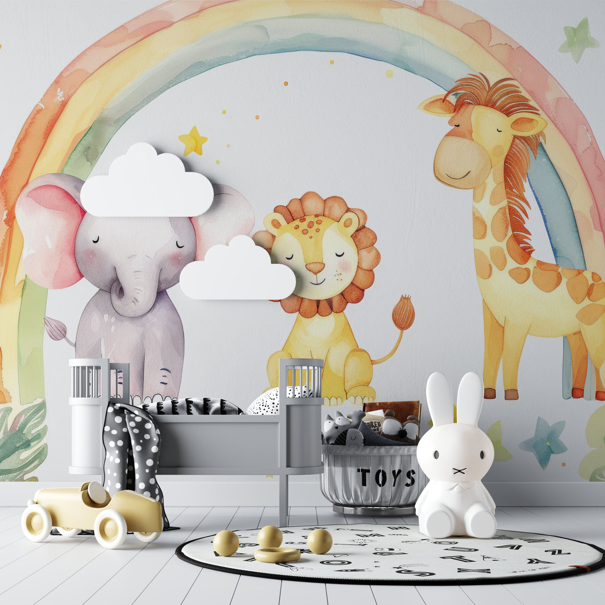 Safari Animals Wallpaper in bright nursery with white crib and matching decor