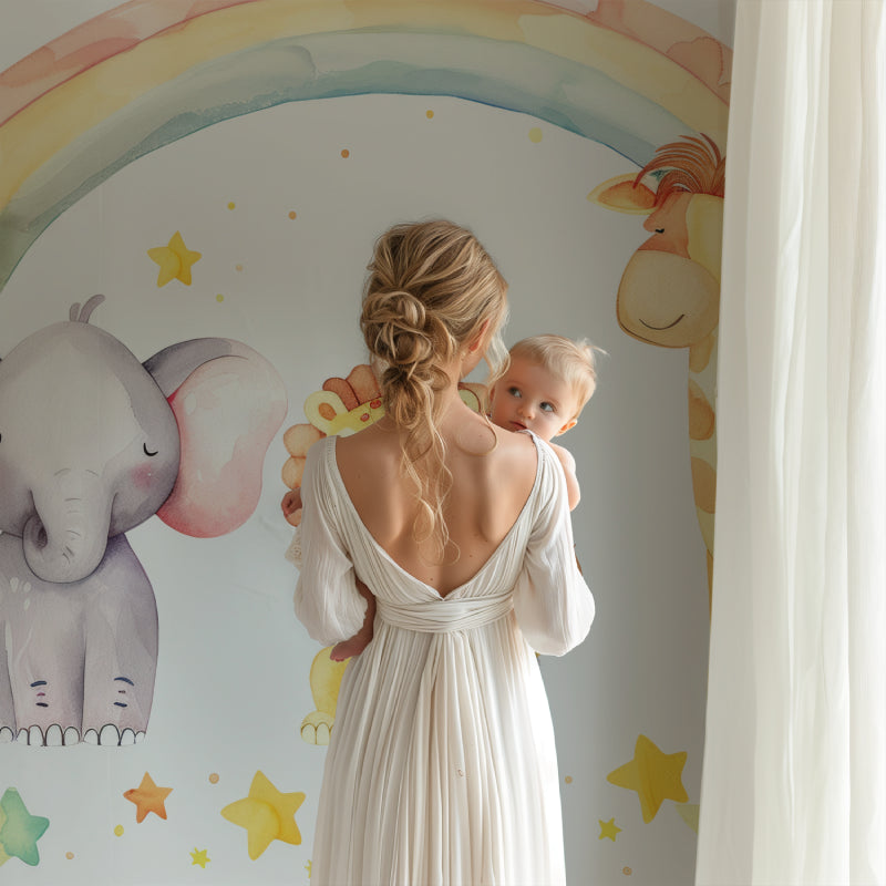 Rainbow Safari Wallpaper bringing color to playroom with reading nook