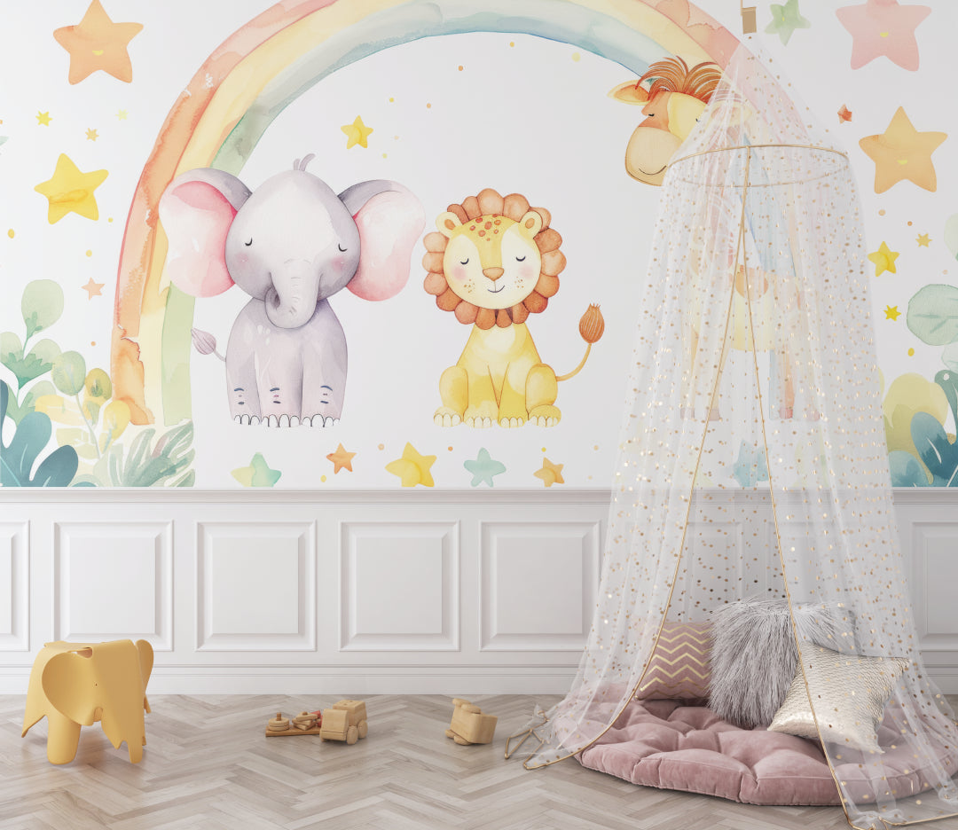 Pastel Safari Animals Mural in baby room with changing station