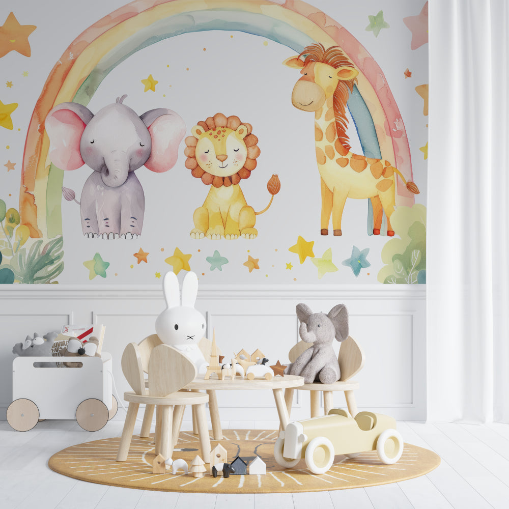 Animal Nursery Wallpaper styled in modern kids bedroom