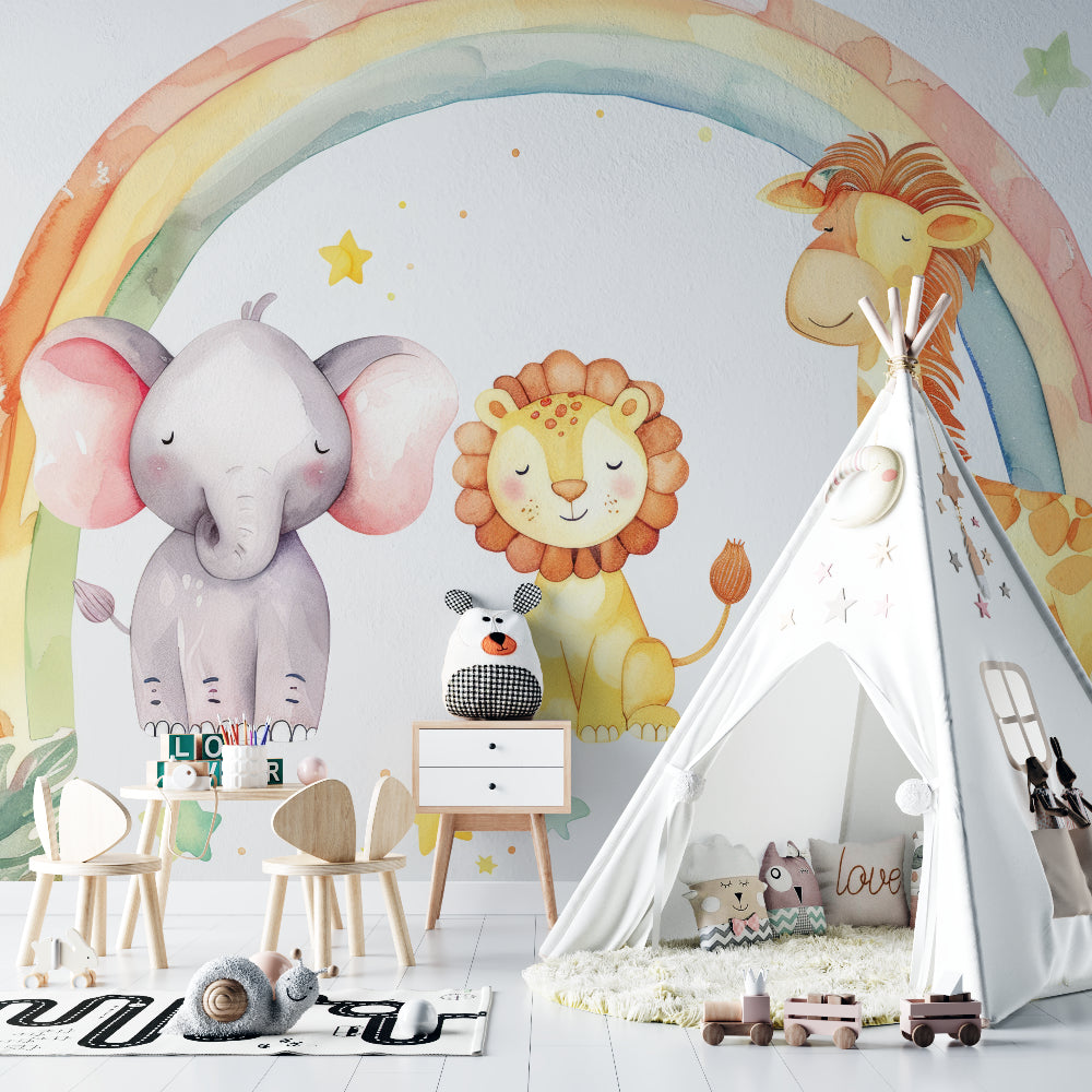 Safari Rainbow Mural featured in daycare reading area