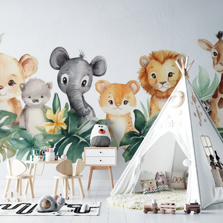 Safari Animals Wallpaper in bright nursery with white furniture showing playful elephant and giraffe designs