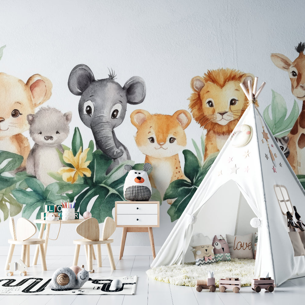 Safari Animals Wallpaper in bright nursery with white furniture showing playful elephant and giraffe designs