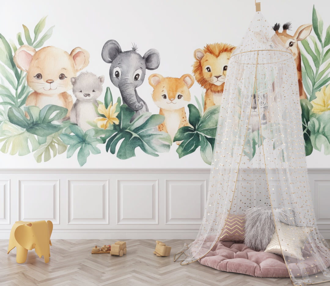 Jungle Animals Mural in toddler's bedroom featuring watercolor lion and friendly safari creatures