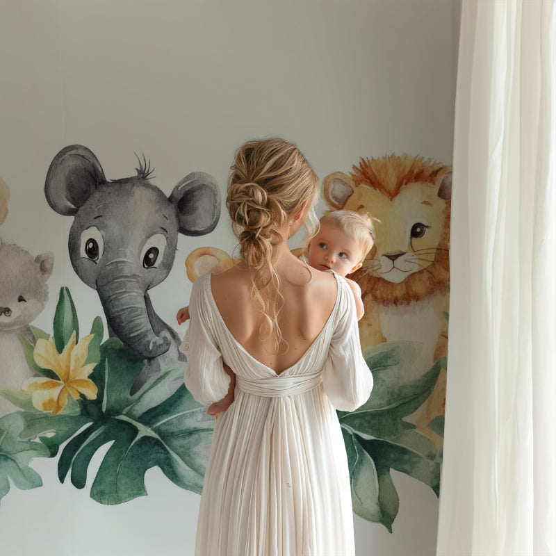Watercolor Safari Wallpaper in playroom showing scale and soft color palette
